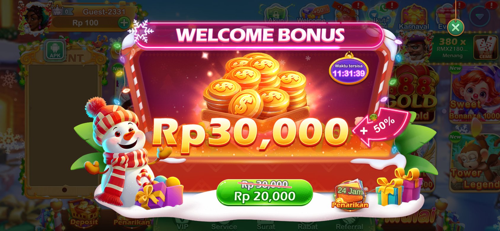 Nikmati bonus sambutan eksklusif hingga Rp30.000 di she777 APK